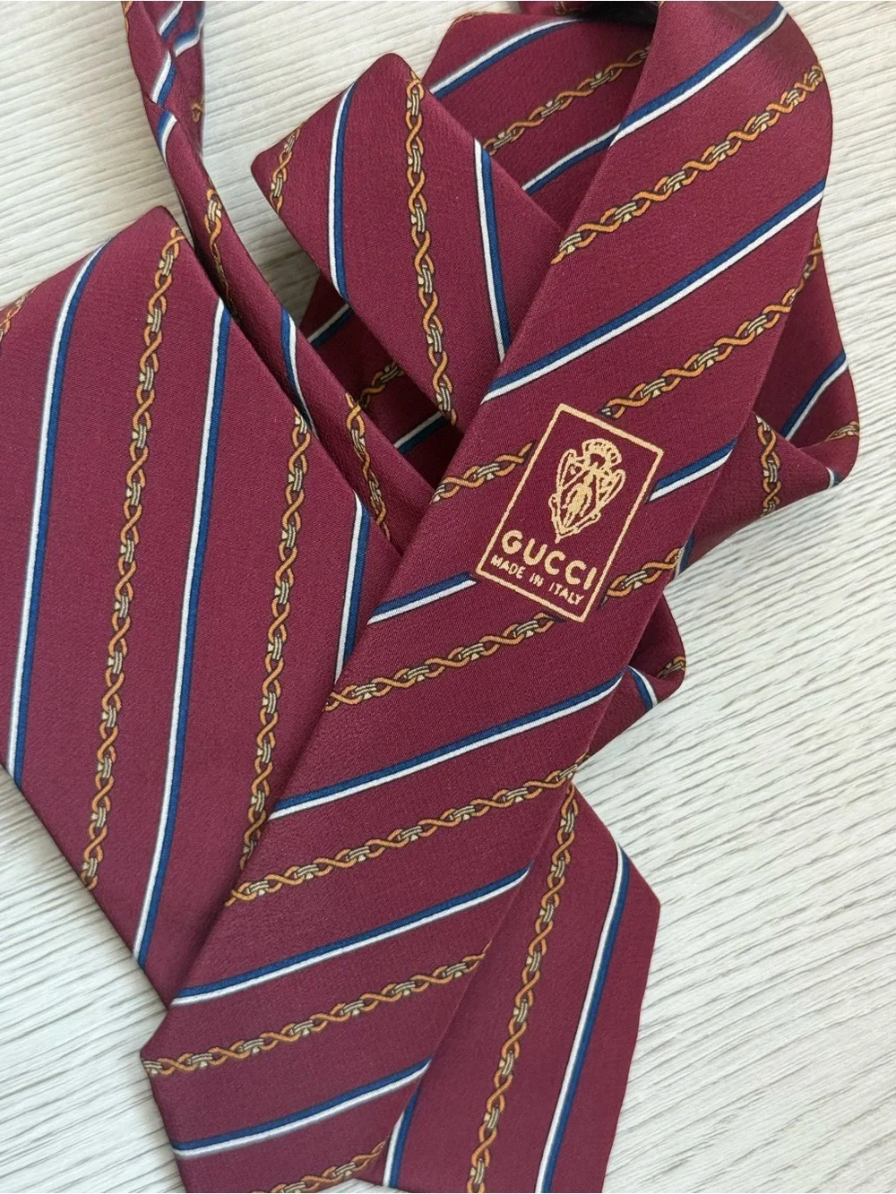 Vintage Gucci Silk Tie Signature Chain Print Burgundy